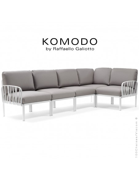 Canapé KOMODO, 5 modules structure plastique blanc, avec coussin tissu gris.
