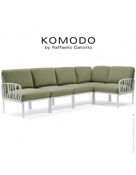 Canapé KOMODO, 5 modules structure plastique blanc, avec coussin tissu kaki.