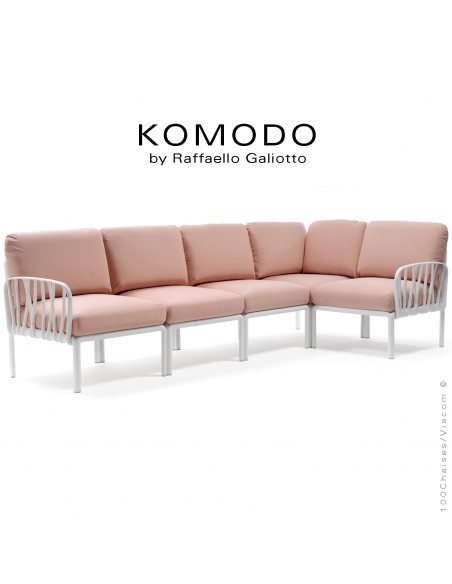 Canapé KOMODO, 5 modules structure plastique blanc, avec coussin tissu rose.