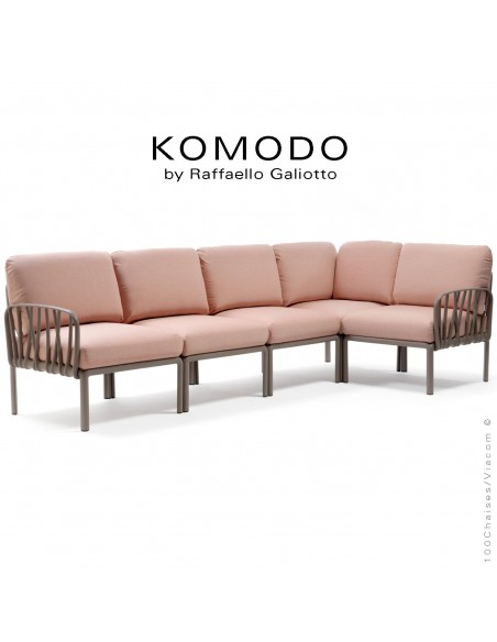 Canapé KOMODO, 5 modules structure plastique gris tourterelle, avec coussin tissu rose.