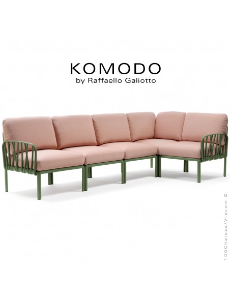 Canapé KOMODO, 5 modules structure plastique vert, avec coussin tissu rose.