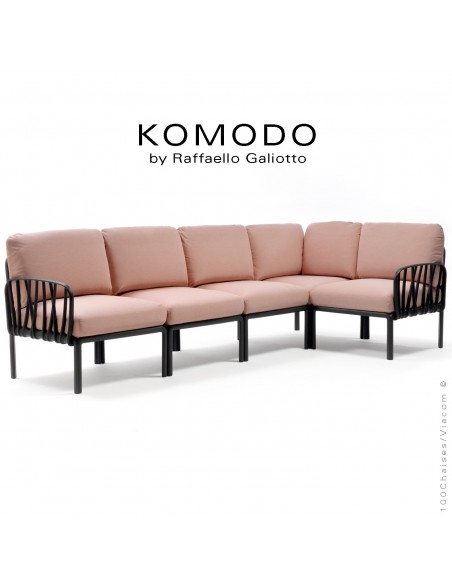 Canapé KOMODO, 5 modules structure plastique anthracite, avec coussin tissu rose.