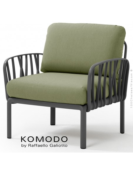 Fauteuil KOMODO, plastique anthracite, coussin tissu kaki.