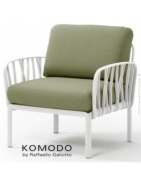 Fauteuil KOMODO, plastique blanc, coussin tissu kaki.