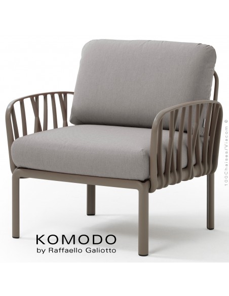Fauteuil KOMODO, plastique gris tourterelle, coussin tissu gris.