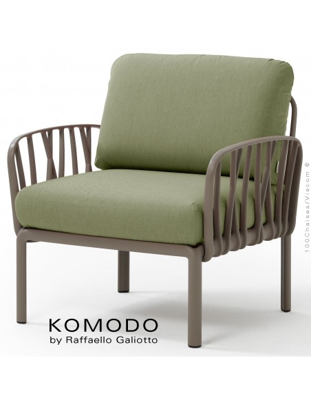 Fauteuil KOMODO, plastique gris tourterelle, coussin tissu kaki.