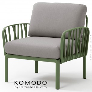 Fauteuil KOMODO, plastique vert, coussin tissu gris.