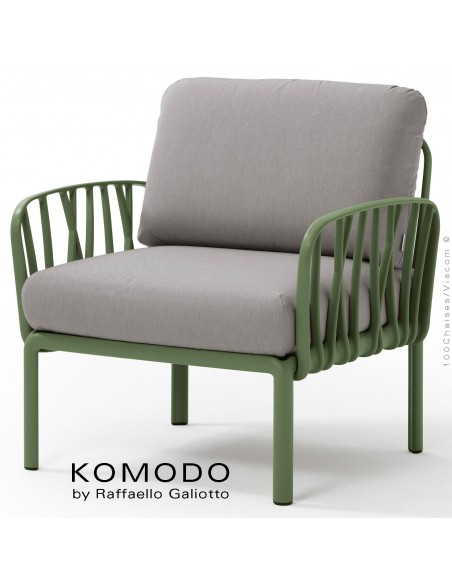 Fauteuil KOMODO, plastique vert, coussin tissu gris.