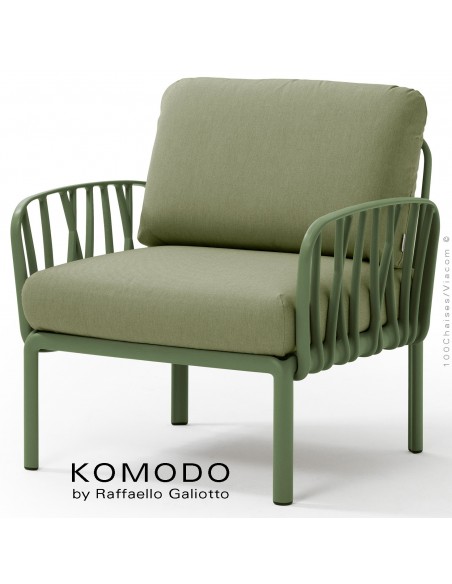 Fauteuil KOMODO, plastique vert, coussin tissu kaki.