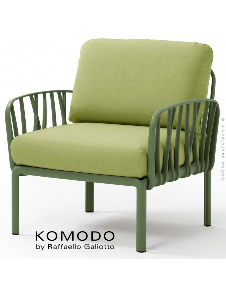 Fauteuil KOMODO, plastique vert, coussin tissu vert clair.