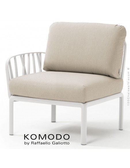 Élément latéral KOMODO, structure plastique blanc, coussin tissu blanc cassé.