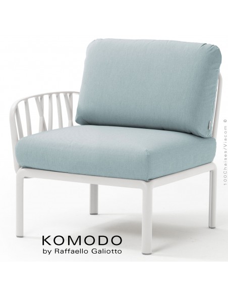 Élément latéral KOMODO, structure plastique blanc, coussin tissu bleu clair.