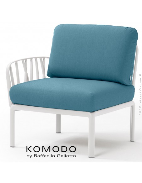 Élément latéral KOMODO, structure plastique blanc, coussin tissu bleu foncé.