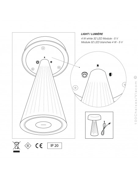 Système lumineux pour lampe de table FADE, structure plastique nervurée, éclairage d'ambiance par LED.