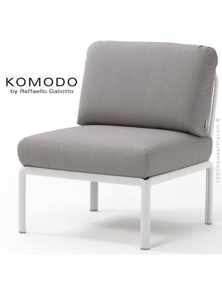 Élément central KOMODO, structure plastique blanc, avec coussin tissu gris.