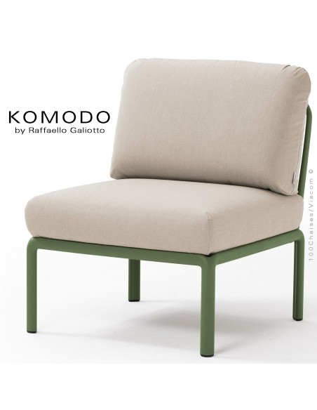 Élément central KOMODO, structure plastique vert, avec coussin tissu blanc cassé.