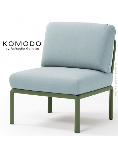 Élément central KOMODO, structure plastique vert, avec coussin tissu bleu clair.