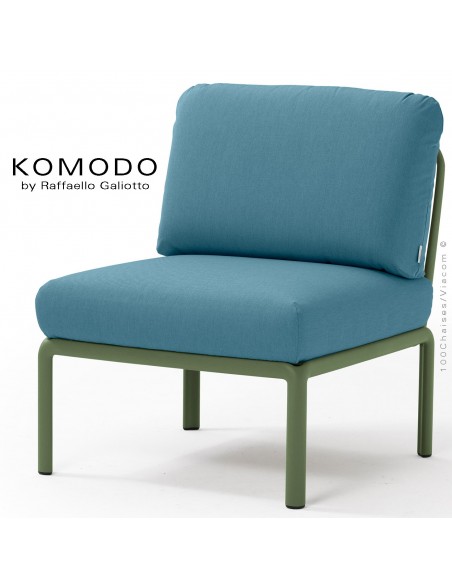 Élément central KOMODO, structure plastique vert, avec coussin tissu bleu foncé.