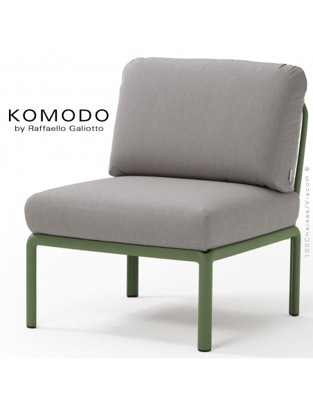 Élément central KOMODO, structure plastique vert, avec coussin tissu gris.