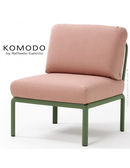 Élément central KOMODO, structure plastique vert, avec coussin tissu rose.