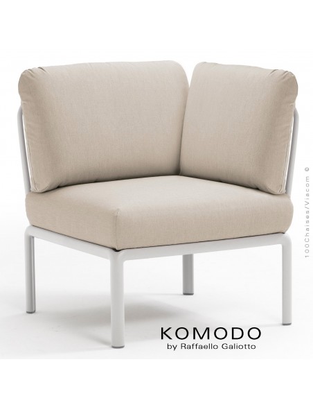 Élément d'angle KOMODO, structure plastique blanc, avec coussin tissu blanc cassé.