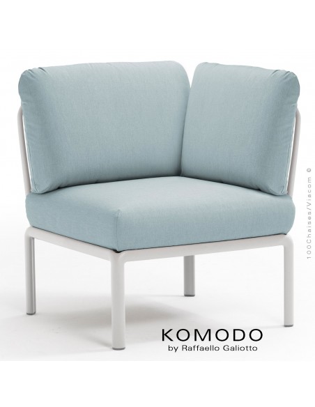 Élément d'angle KOMODO, structure plastique blanc, avec coussin tissu bleu clair.