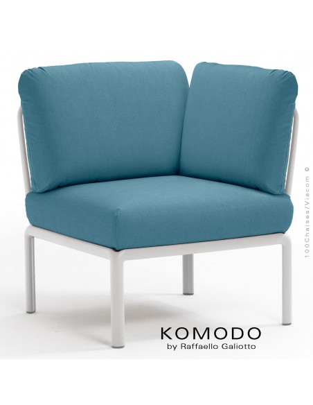 Élément d'angle KOMODO, structure plastique blanc, avec coussin tissu bleu foncé.