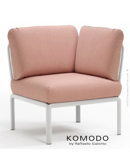 Élément d'angle KOMODO, structure plastique blanc, avec coussin tissu rose.
