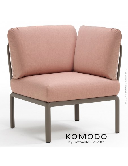 Élément d'angle KOMODO, structure plastique gris tourterelle, avec coussin tissu rose.