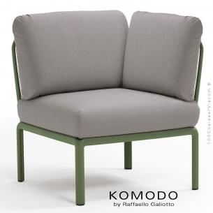 Élément d'angle KOMODO, structure plastique vert, avec coussin tissu gris.