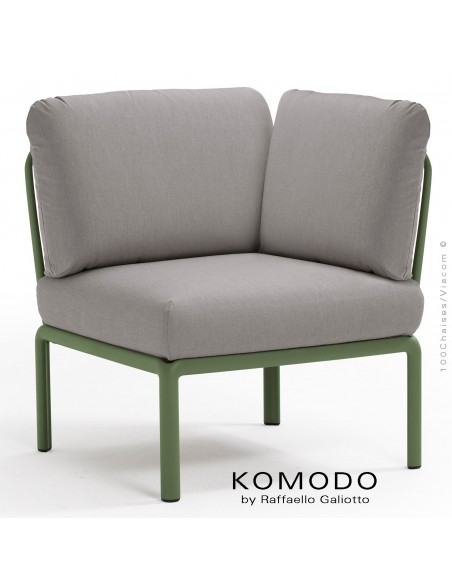 Élément d'angle KOMODO, structure plastique vert, avec coussin tissu gris.