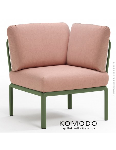 Élément d'angle KOMODO, structure plastique vert, avec coussin tissu rose.