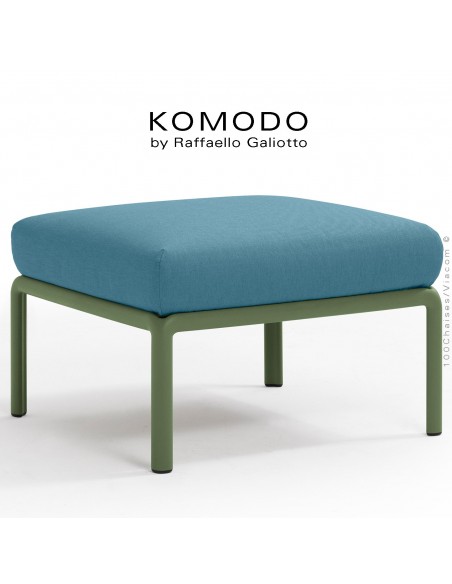 Élément pouf KOMODO, structure plastique vert, avec coussin tissu bleu foncé.