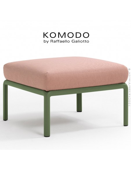 Élément pouf KOMODO, structure plastique vert, avec coussin tissu rose.