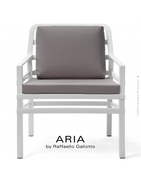 Fauteuil lounge ARIA, structure plastique blanc, avec coussin d'assise et dossier gris.