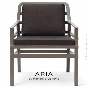 Fauteuil lounge ARIA, structure plastique gris tourterelle, avec coussin d'assise et dossier café.