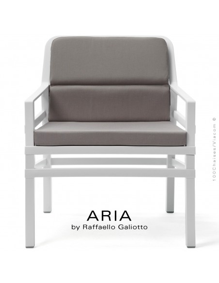 Fauteuil lounge ARIA FIT, structure plastique blanc, avec coussin d'assise et dossier gris.