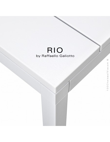 Table à manger RIO 140 blanc, plateau rectangulaire extensible en plastique, 4 pieds en aluminium.