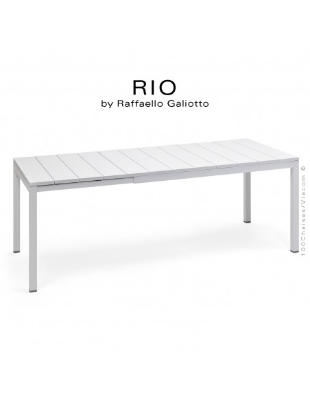 Table à manger RIO 140 blanc, plateau rectangulaire extensible en plastique, 4 pieds en aluminium.