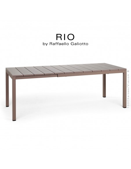 Table à manger RIO 140 gris tourterelle, plateau rectangulaire extensible en plastique, 4 pieds en aluminium.