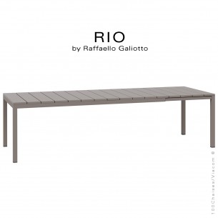 Table à manger RIO 210 gris tourterelle, plateau rectangulaire extensible en plastique, 4 pieds en aluminium.