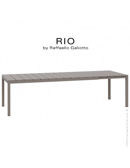 Table à manger RIO 210 gris tourterelle, plateau rectangulaire extensible en plastique, 4 pieds en aluminium.