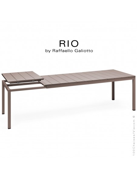 Table à manger RIO 210 gris tourterelle, plateau rectangulaire extensible en plastique, 4 pieds en aluminium.