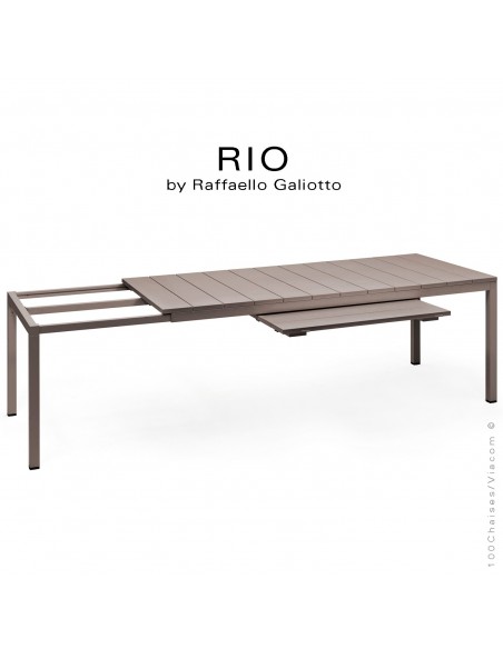 Table à manger RIO 210 gris tourterelle, plateau rectangulaire extensible en plastique, 4 pieds en aluminium.