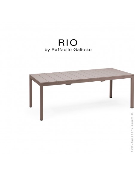 Table à manger RIO 210 gris tourterelle, plateau rectangulaire extensible en plastique, 4 pieds en aluminium.