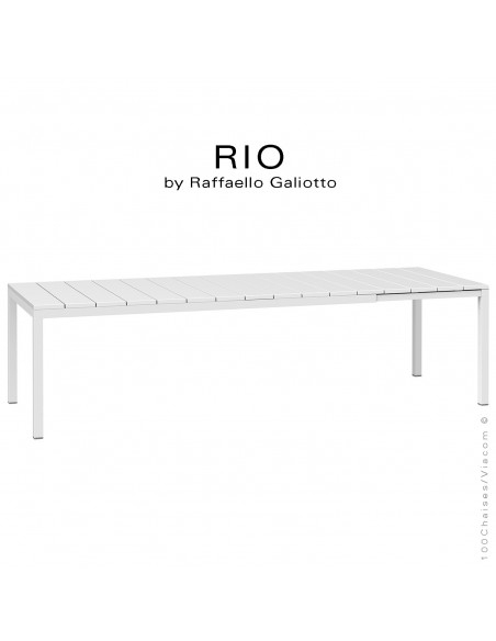 Table à manger RIO 210 blanc, plateau rectangulaire extensible en plastique, 4 pieds en aluminium.