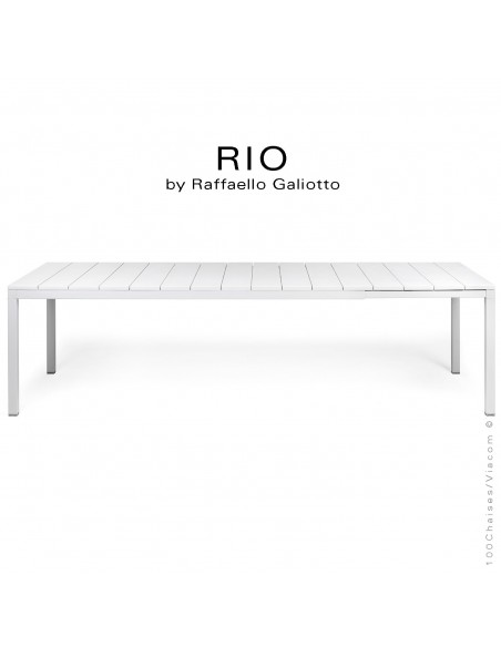 Table à manger RIO 210 blanc, plateau rectangulaire extensible en plastique, 4 pieds en aluminium.