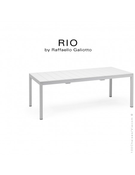 Table à manger RIO 210 blanc, plateau rectangulaire extensible en plastique, 4 pieds en aluminium.