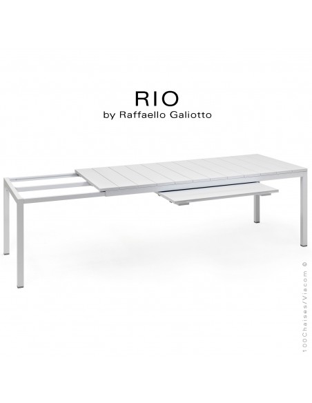 Table à manger RIO 210 blanc, plateau rectangulaire extensible en plastique, 4 pieds en aluminium.