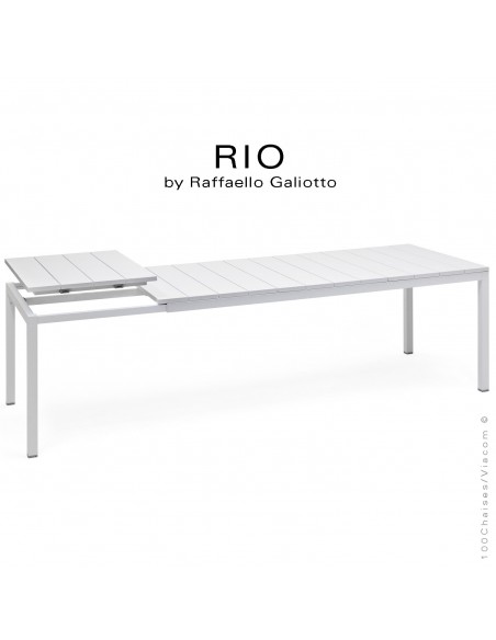 Table à manger RIO 210 blanc, plateau rectangulaire extensible en plastique, 4 pieds en aluminium.